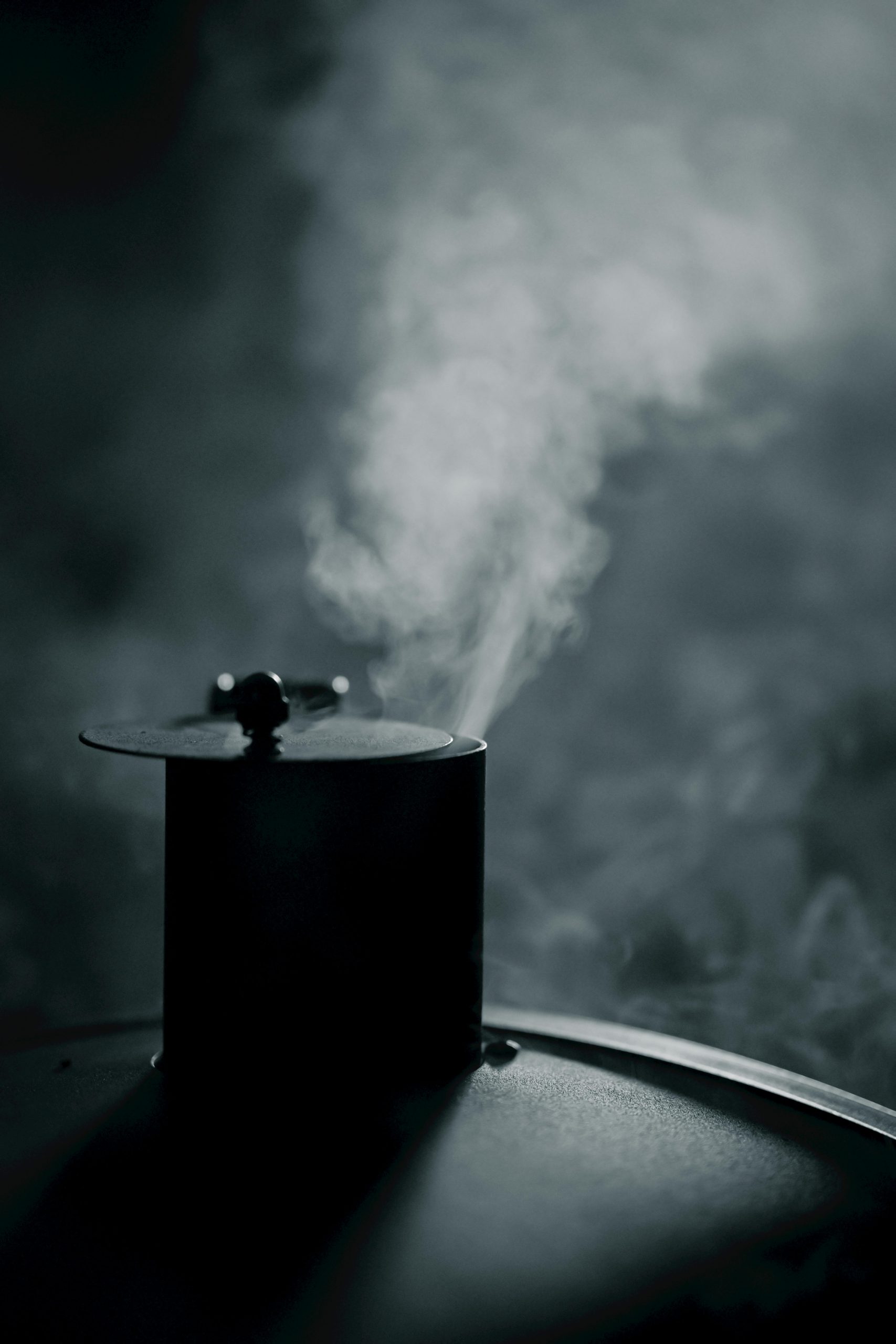 Une cheminée émettant de la vapeur capturée dans une ambiance sombre et morose, mettant en valeur l'atmosphère industrielle.