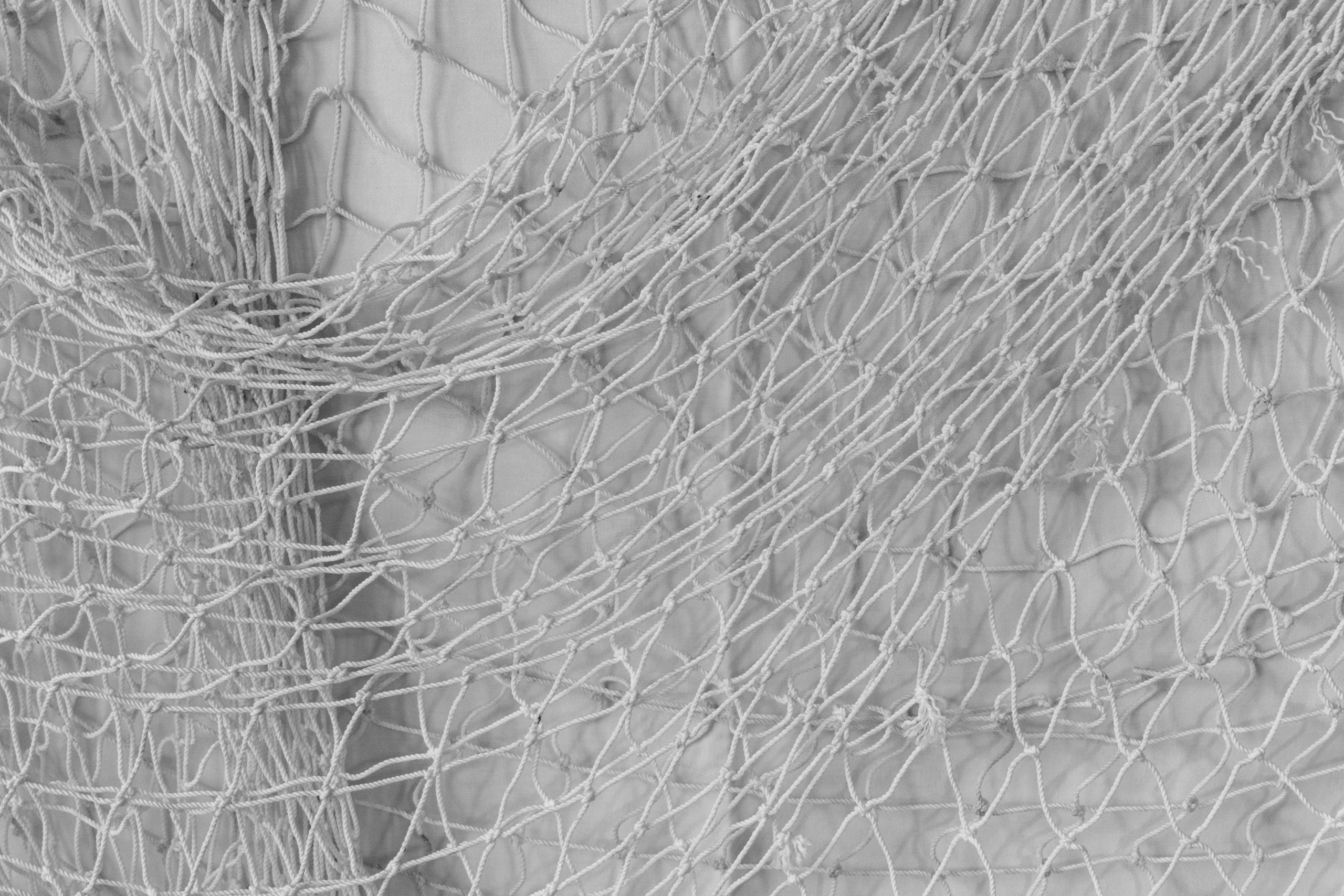Gros plan détaillé du tissu entrelacé et du filet de pêche mettant en évidence la texture et le motif en noir et blanc.