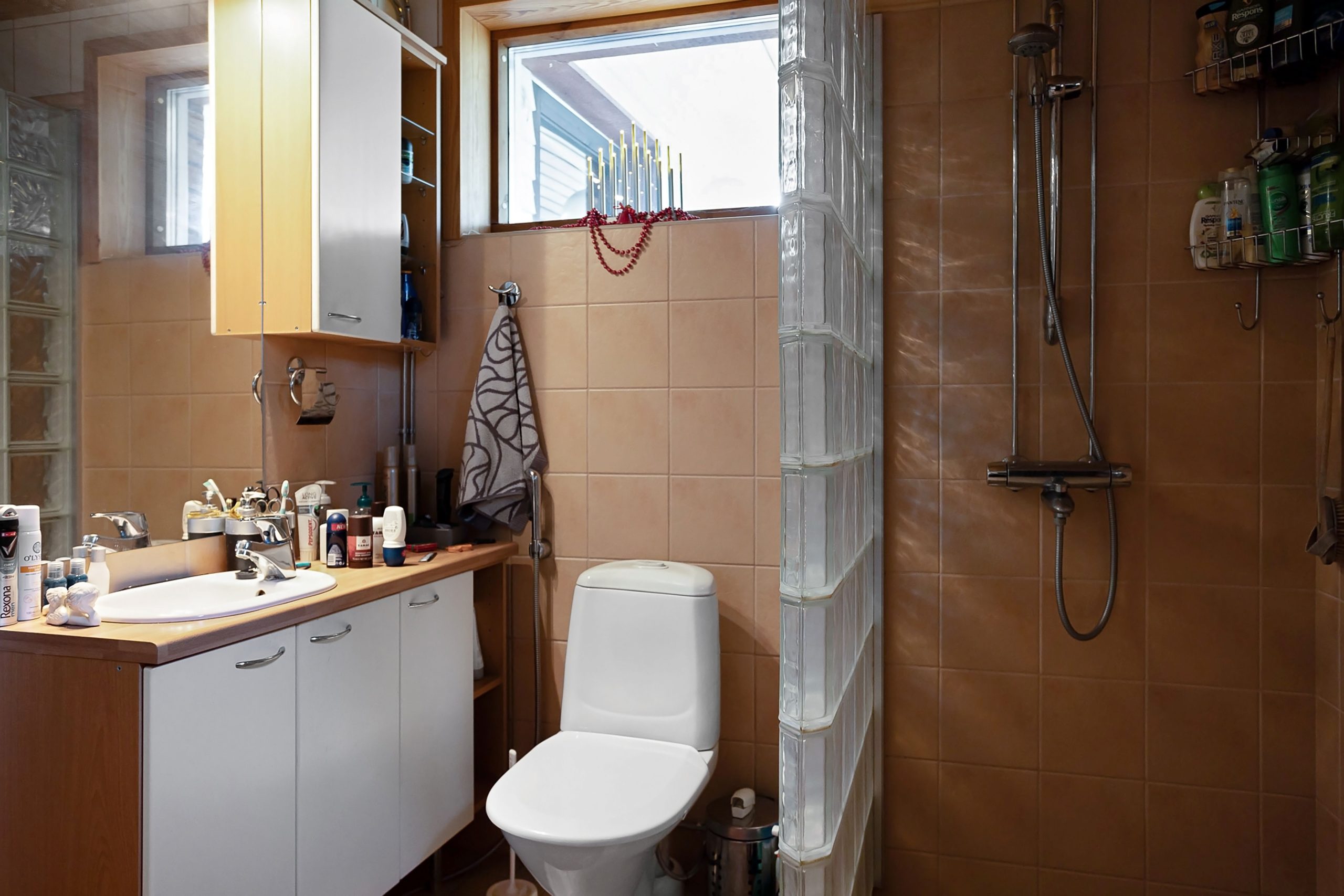 A contemporary bathroom featuring a shower, sink, and vanity with natural light from the window. Une salle de bain contemporaine avec une douche, un lavabo et une vanité éclairés par la lumière naturelle de la fenêtre.