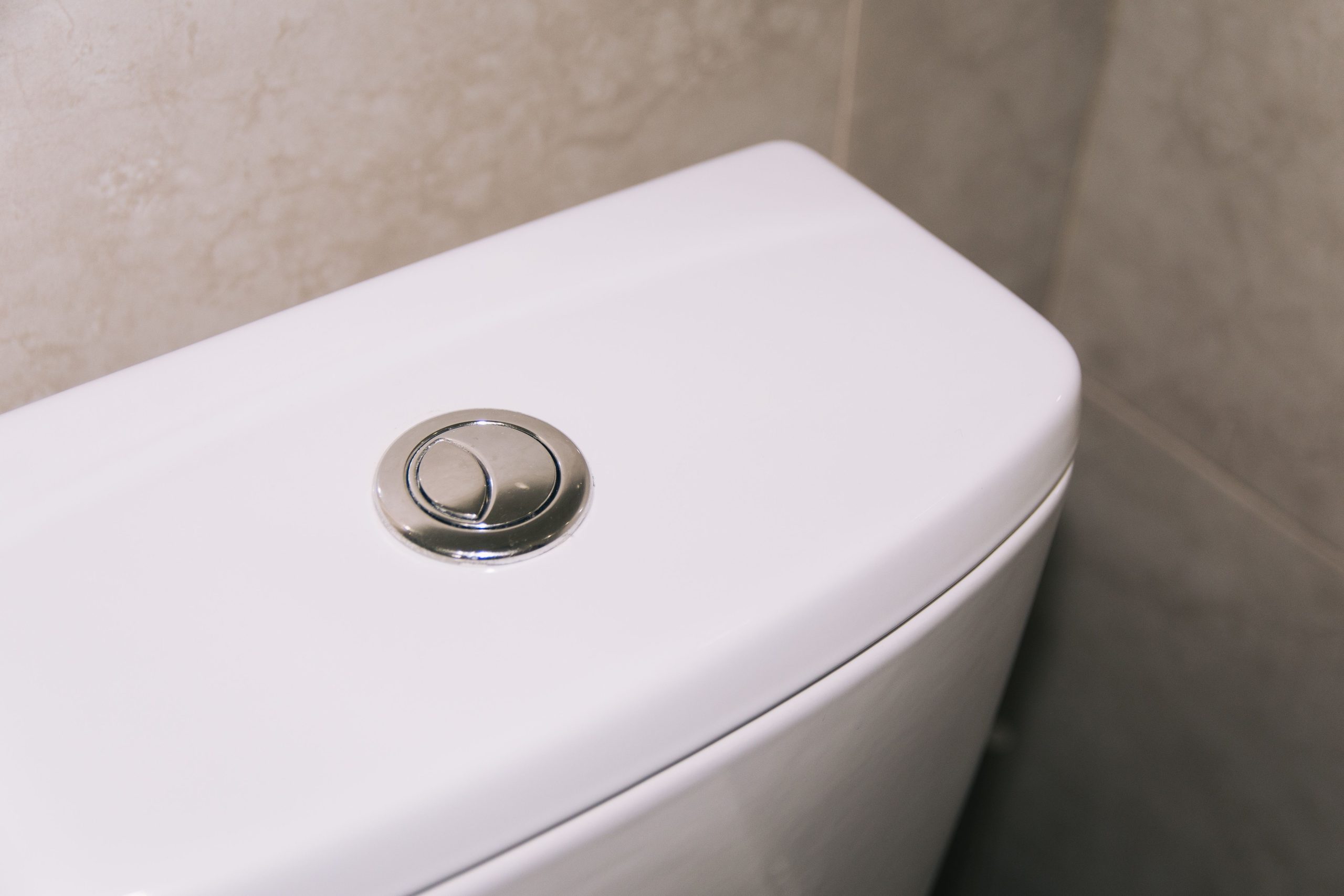 Close-up of a modern dual flush toilet with a chrome button, highlighting clean and contemporary design. Gros plan d'une toilette à double chasse d'eau moderne avec bouton chromé, mettant en évidence un design épuré et contemporain.